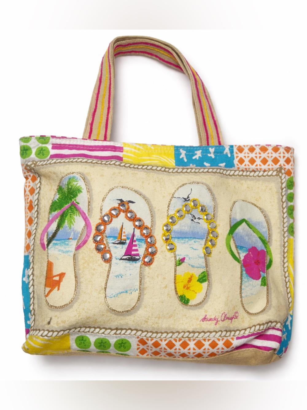 Sandy Clough Flip Flop Tote Beach Bag Canvas Colorful EUC